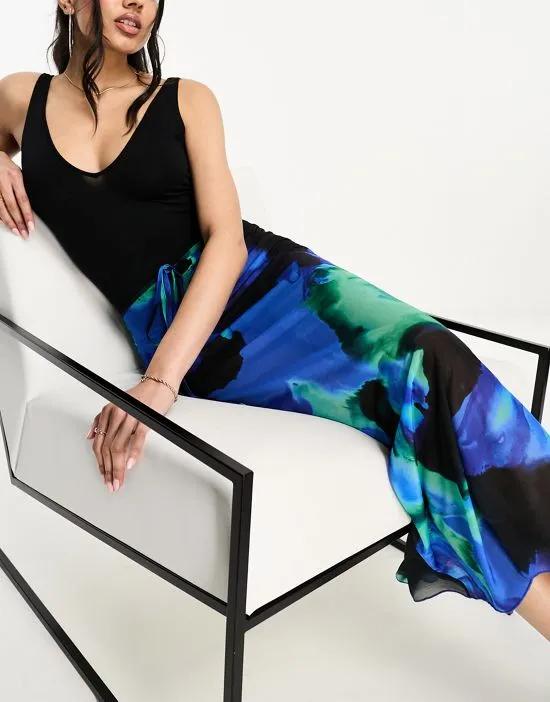 mesh fishtail maxi skirt with tie waist in blue marble