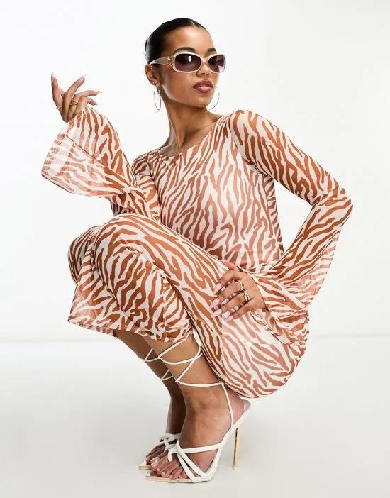 mesh flared sleeve body-conscious midi dress in brown zebra print