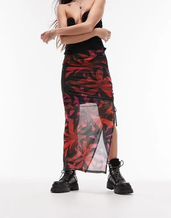 mesh floral blurred print midi skirt in red and black