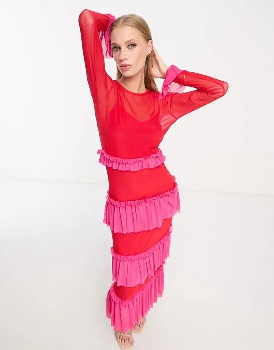 mesh frill midaxi dress in contrast pink and red