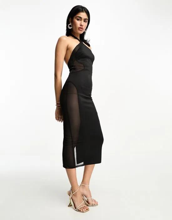 mesh halter body-conscious midi dress in black