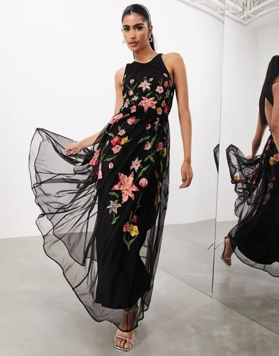 mesh halter sleeveless maxi dress with floral embroidery in black