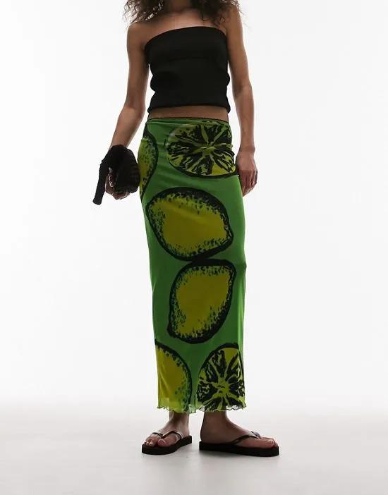 mesh lemon placement print with picot trim midi skirt in green