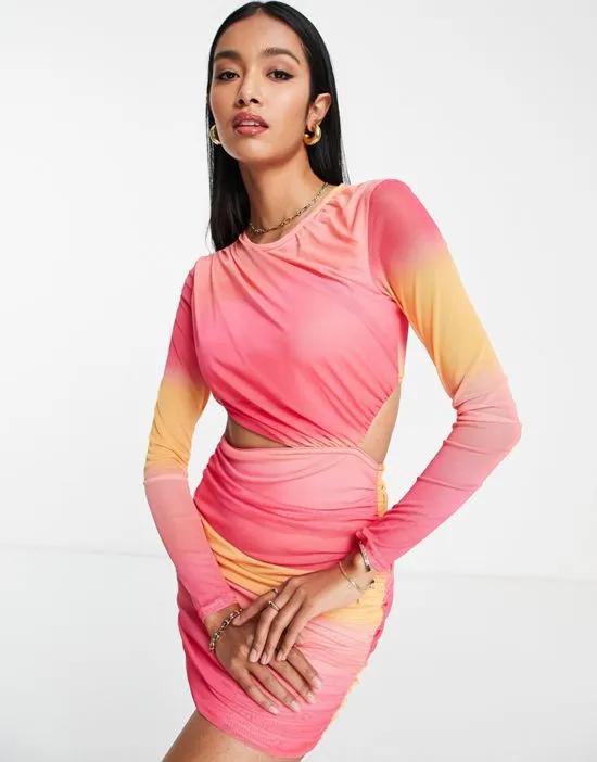 mesh long sleeve cut out detail mini dress in pink and orange ombre