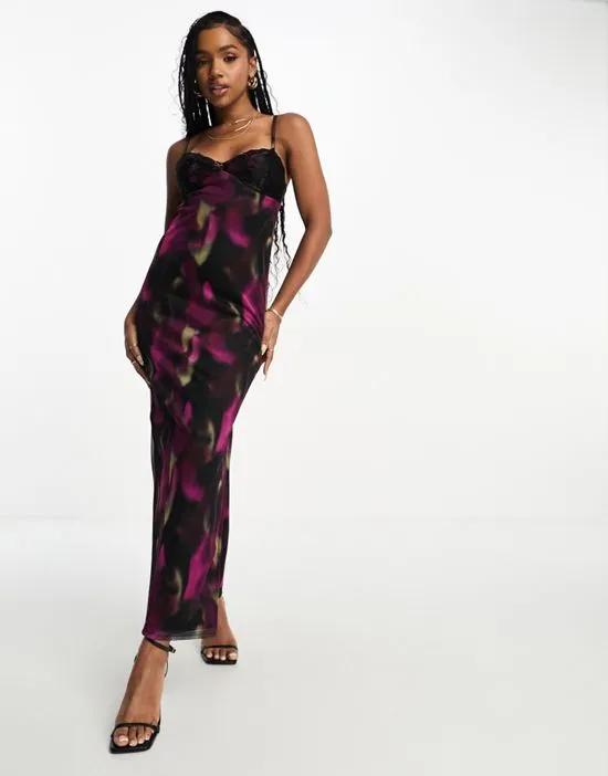 mesh maxi cami slip dress with lace detail in blurred abstract print