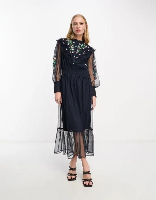 mesh maxi dress with embroidery in navy