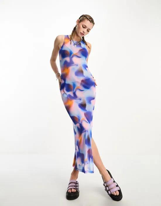mesh maxi dress with side slit in multi tie dye