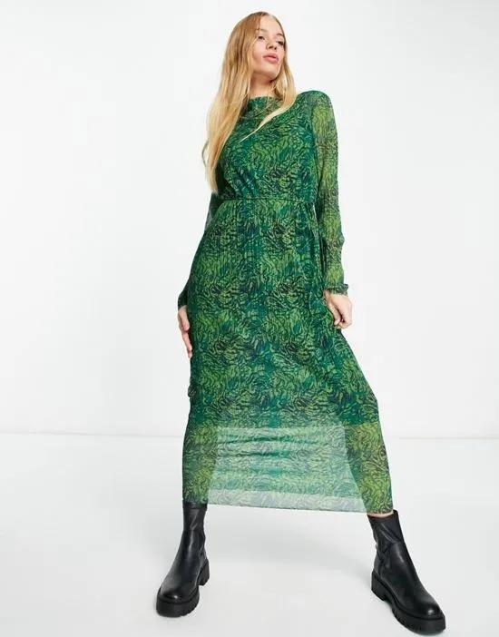 &  mesh midi dress in green print