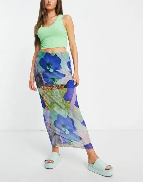 mesh midi skirt in blue floral print