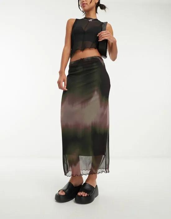 mesh midi skirt in blurred print