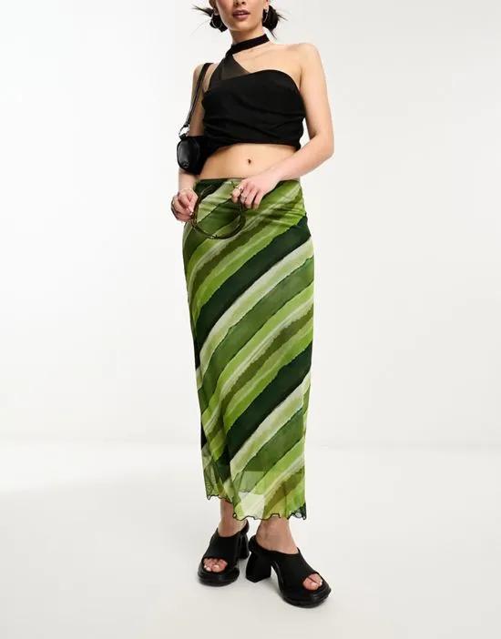 mesh midi skirt in green stripe