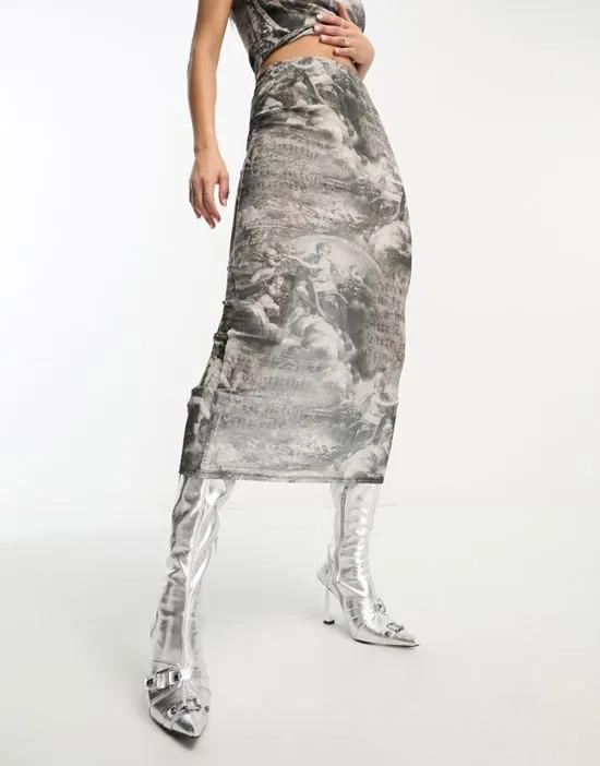 mesh midi skirt in renaissance placement print - part of a set
