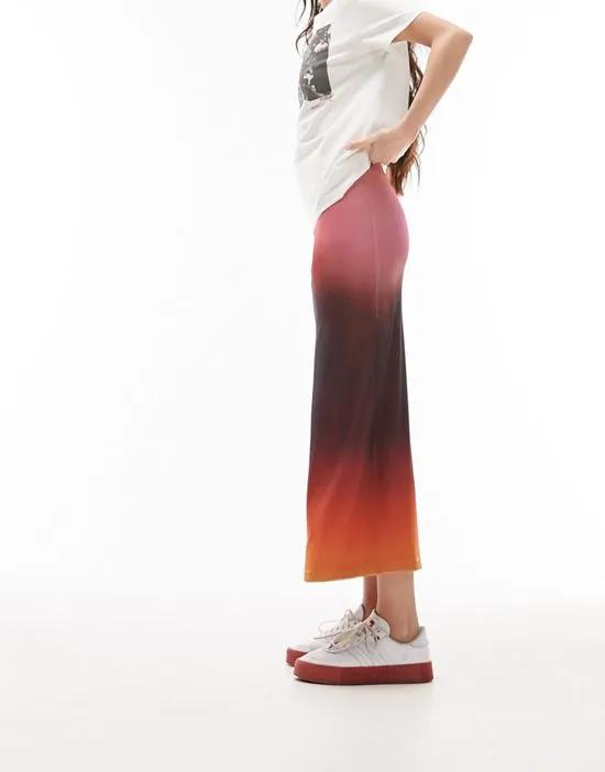 mesh ombre space printed picot trim midi skirt in multi