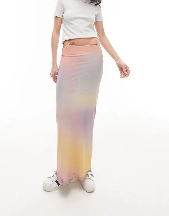 mesh pastel blurred printed picot trim midi skirt in multi