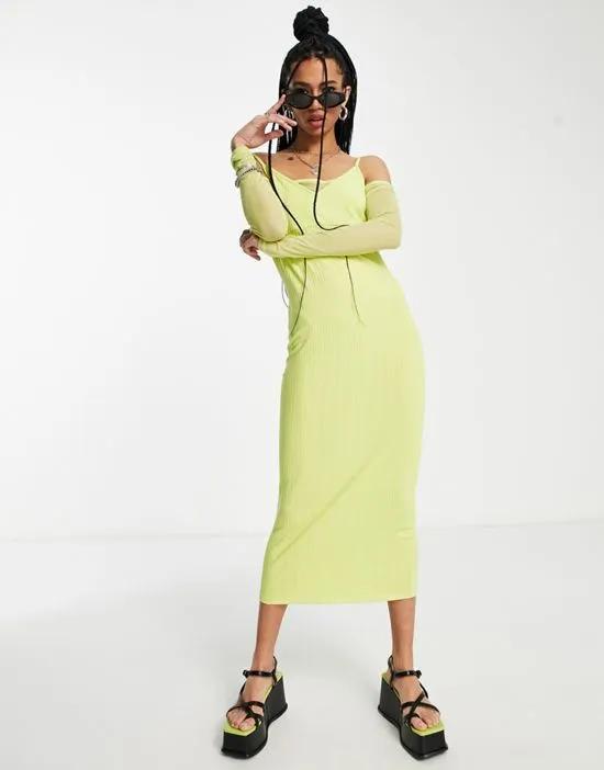 mesh rib off the shoulder cut out dress in lime