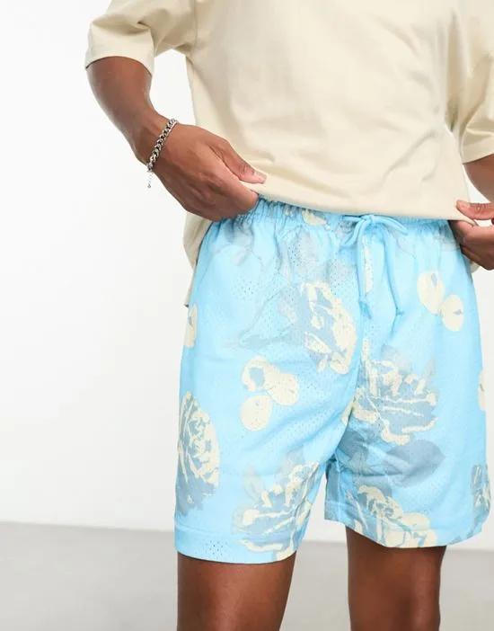 mesh rose print shorts in blue - part of a set