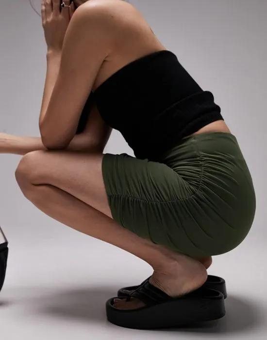 mesh ruched side mini skirt in khaki