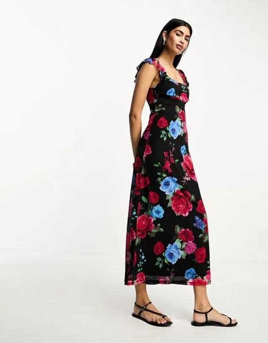 mesh scoop neck frill sleeve maxi dress in floral print