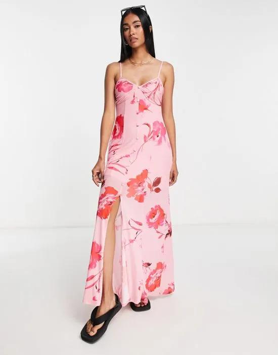 mesh strappy maxi dress with buttons in blurred floral in pink and red