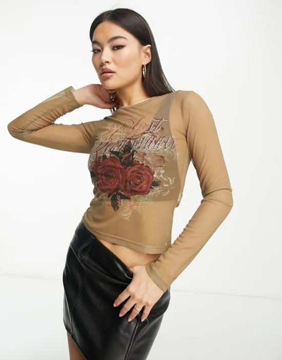 mesh top with crystal stud hot fix graphic in khaki