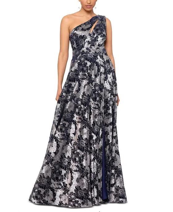 Metallic-Floral One-Shoulder Gown