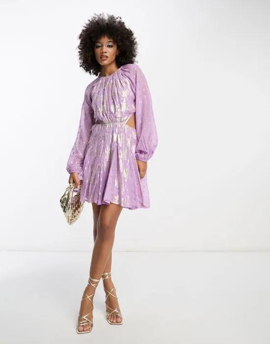 metallic jacquard mini dress with open back and cut out waist in lilac