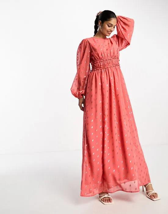 metallic spot chiffon maxi dress with channel waist in coral