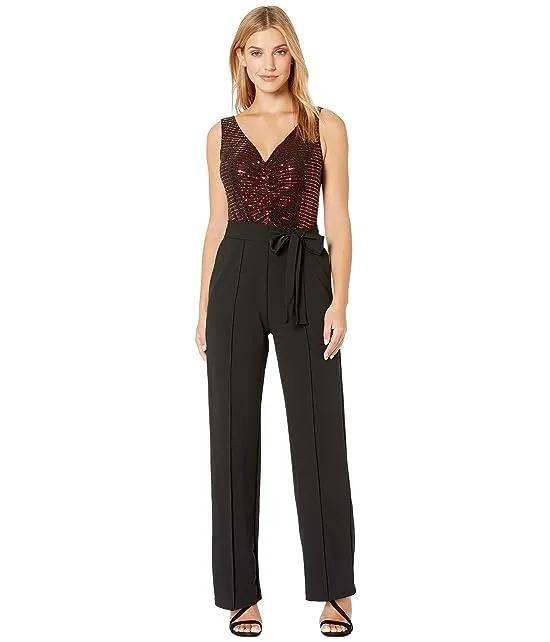 Metallic Stretch Top with Ruched Detail and Tie Jumpsuit