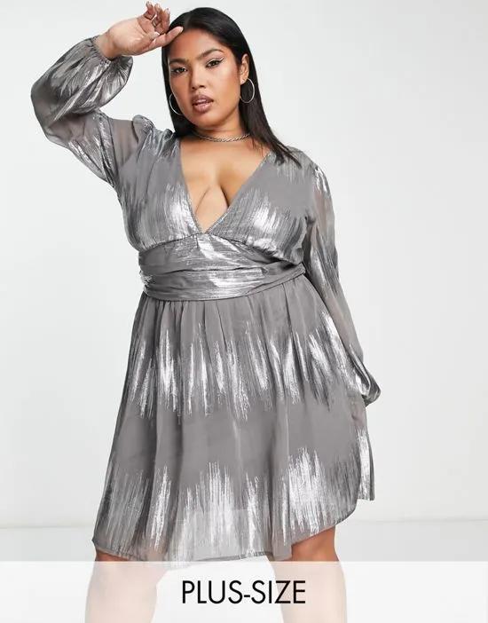 metallic thread mini dress in silver