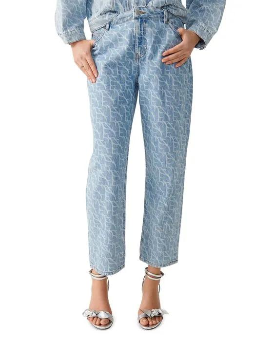 Meva Printed Mid Rise Cropped Straight Jeans in Light Used Blue