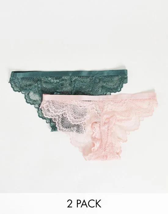 Mia lace brazilian briefs 2 pack in green and pink