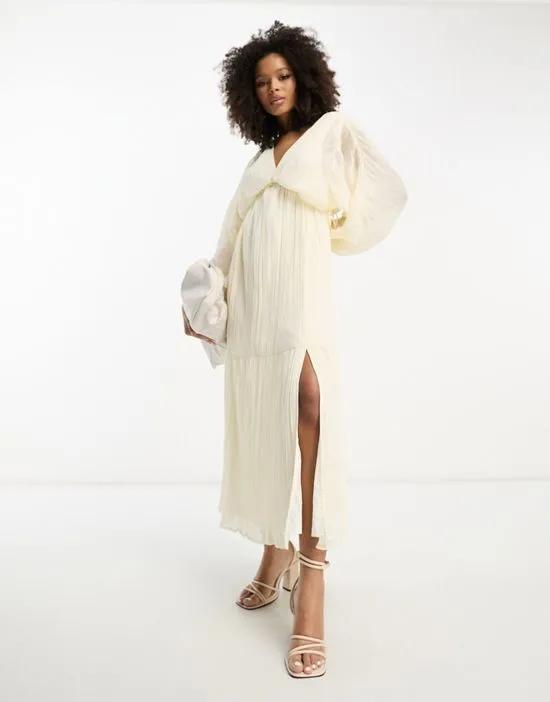 micro pleated batwing trapeze maxi dress in cream