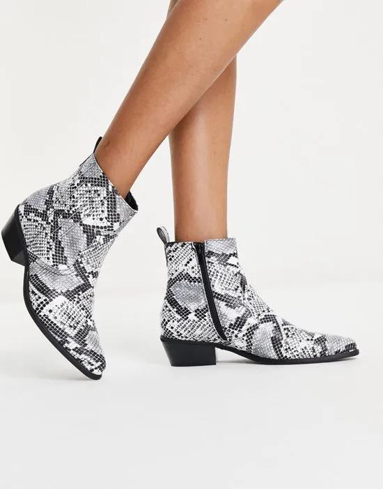 mid heel ankle boots in mono snake print