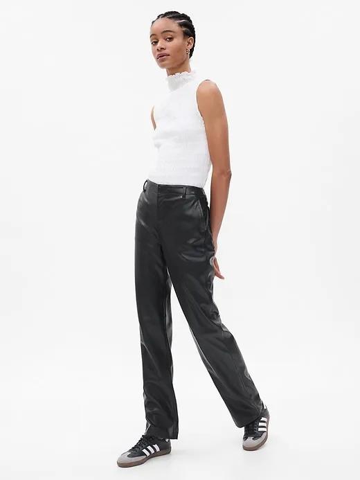 Mid Rise Faux-Leather Loose Pants