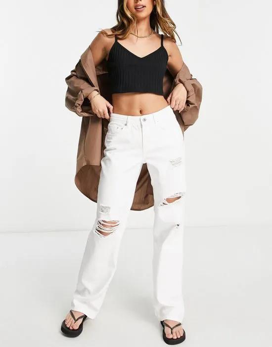 mid waist distressed baggy jeans in white