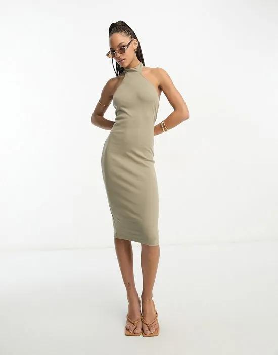 midaxi dress with cut out neck in khaki