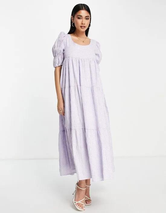 midaxi smock dress with tie back and tiers in lilac