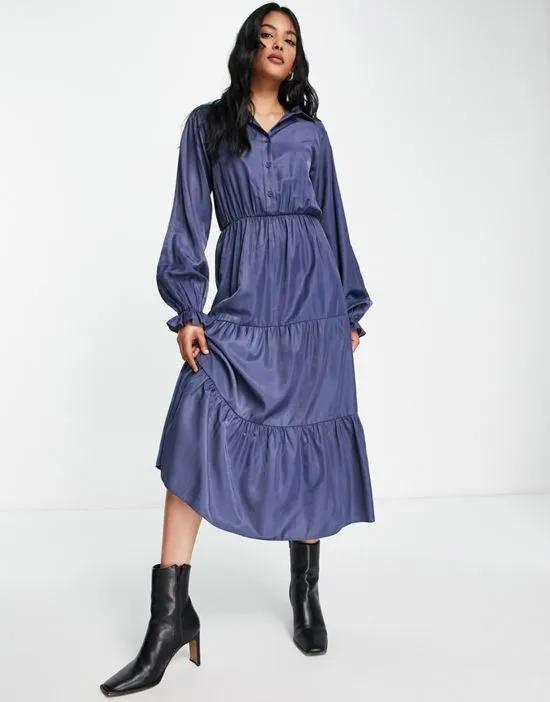 midaxi tiered shirt dress in blue