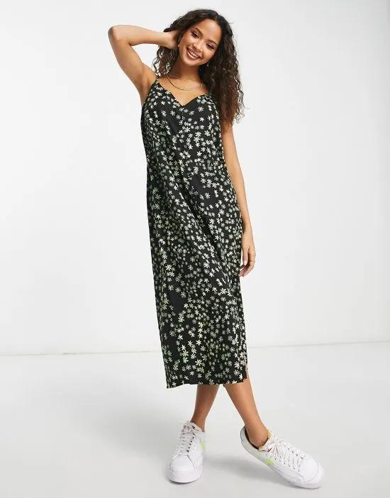 midi cami dress in black and green floral