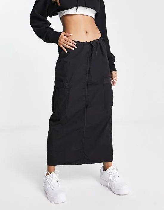 midi cargo skirt with toggle waist detail in black