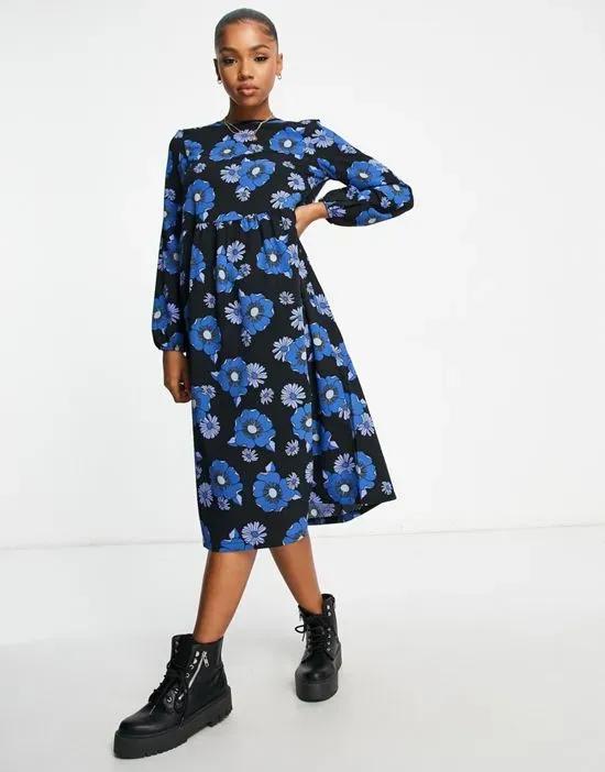 midi dress in black and blue floral print