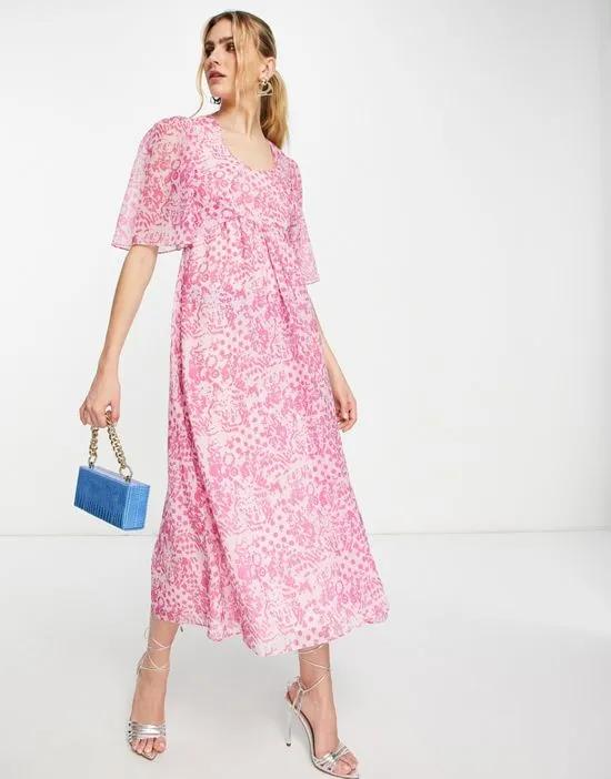 midi dress with back detail in abstract batik print - PINK