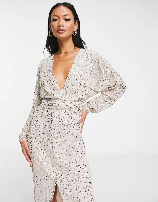 midi dress with batwing sleeve and wrap waist in scatter sequin