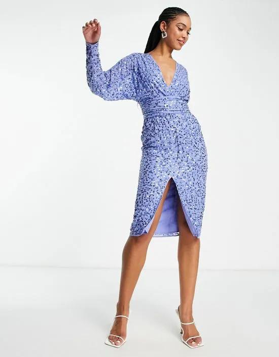 midi dress with batwing sleeve and wrap waist in scatter sequin in blue