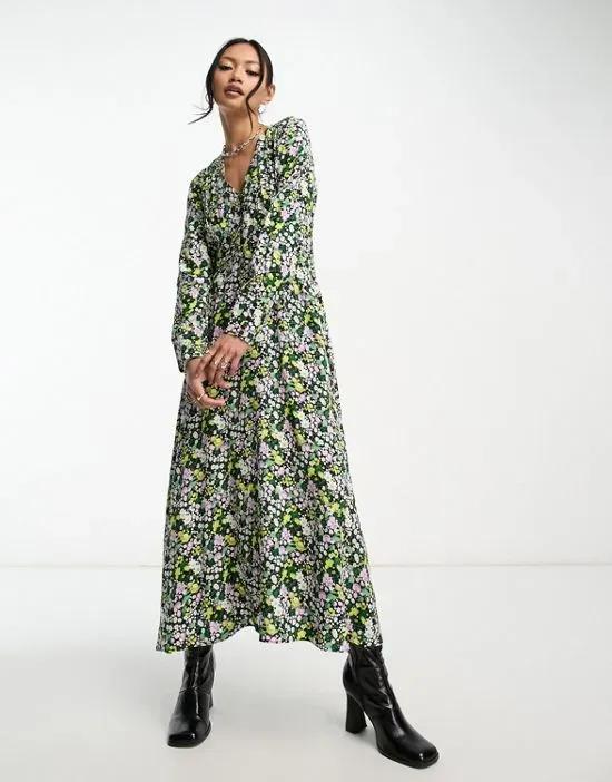 midi dress with deep v neck in floral print