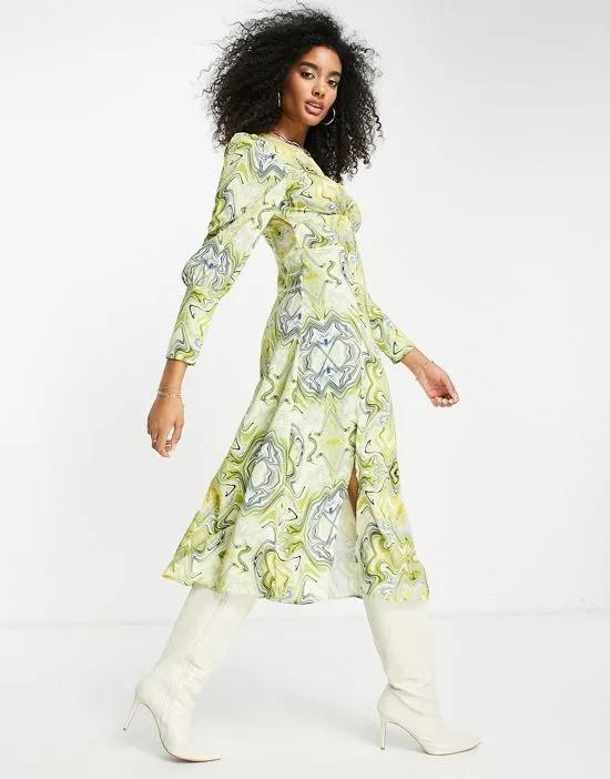 midi dress with full sleeve in marble print