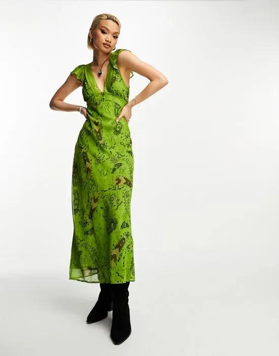 midi dress with lace detail and ruffle sleeves in green paisley print