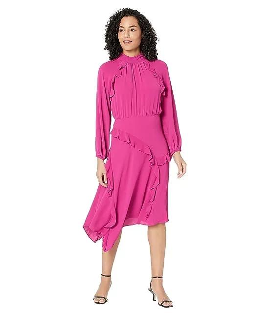 Midi Dress with Long Sleeve and Ruffle Detail