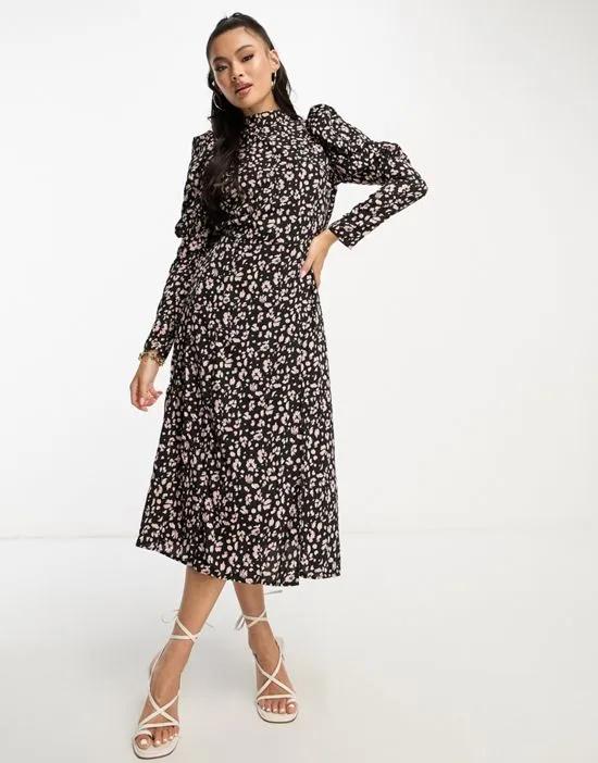 midi dress with ruched sleeves in black floral