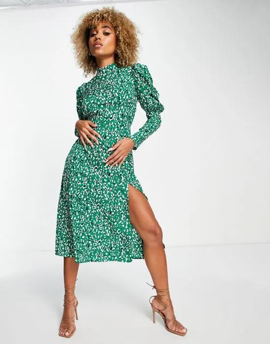 midi dress with ruched sleeves in green animal
